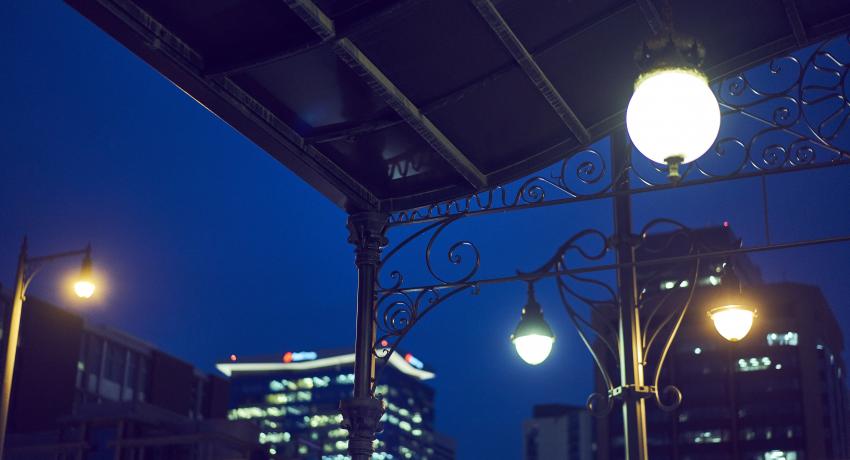 View of downtown buildings at night