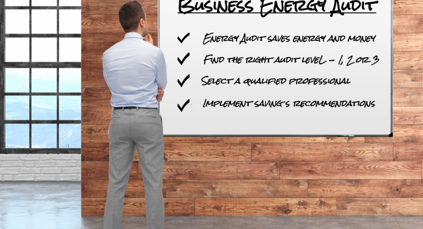 Man looking at board that lists considerations for business energy audit