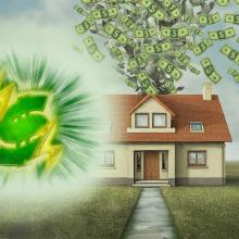 Drawing of house with dollars flying out of roof.